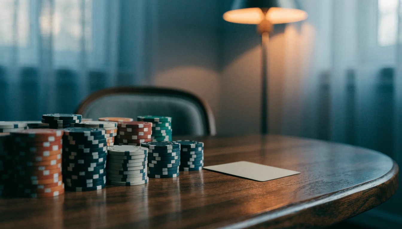 Mörkt träbord med casinofigurer i skandinavisk inredning