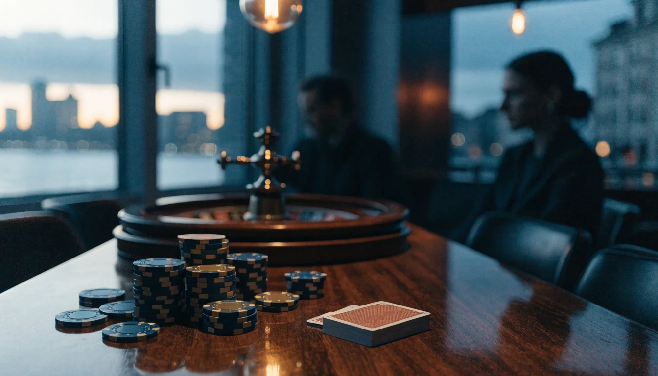 Elegant skandinavisk casinomiljö med marker, spelkort och roulette vid fönster med Stockholms silhuett i skymning
