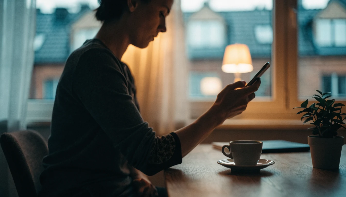 Person med smartphone i en modern svensk lägenhet