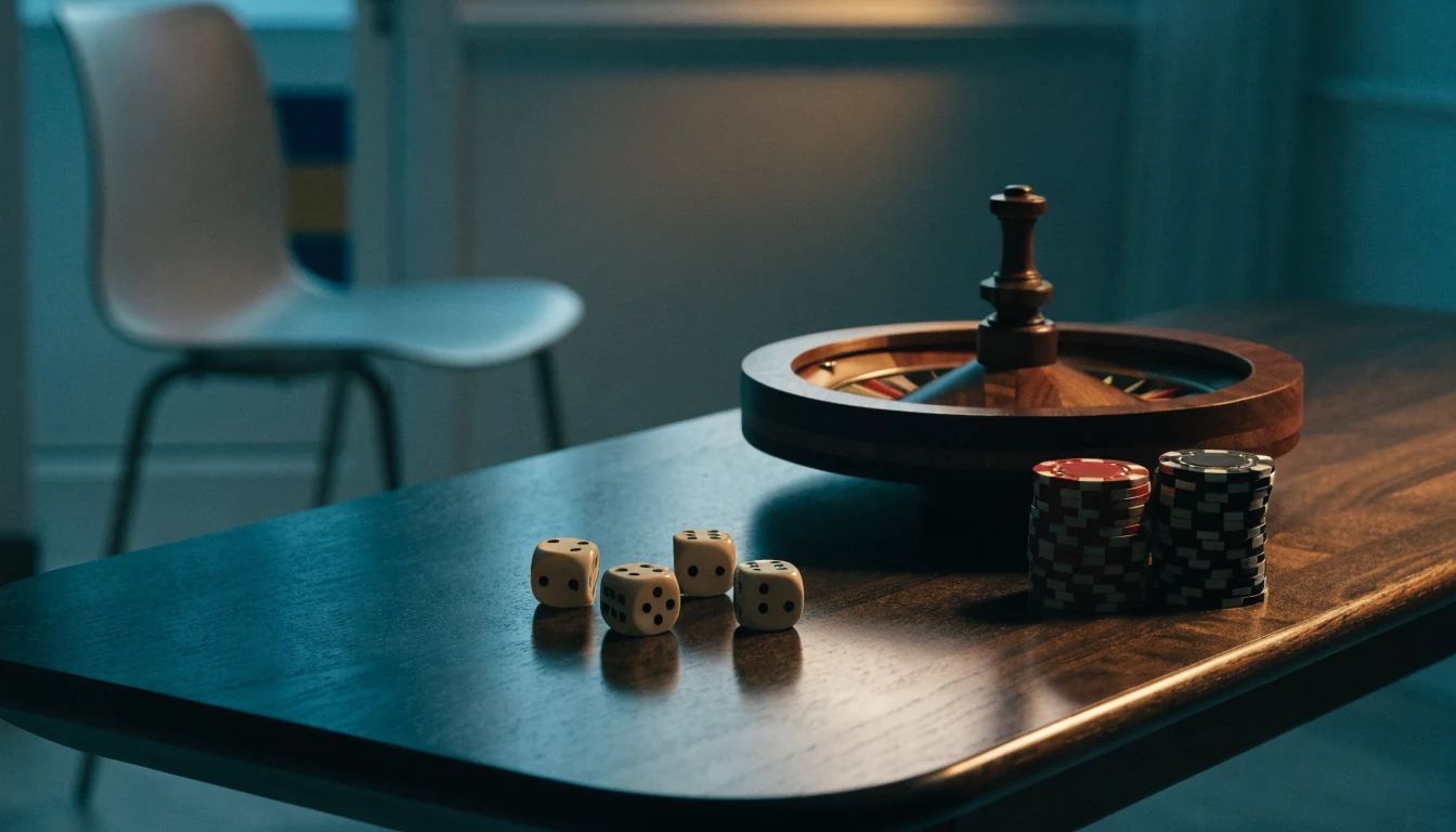 Skandinaviskt casinobord med roulettehjul, tärningar och marker i elegant kvällsbelysning