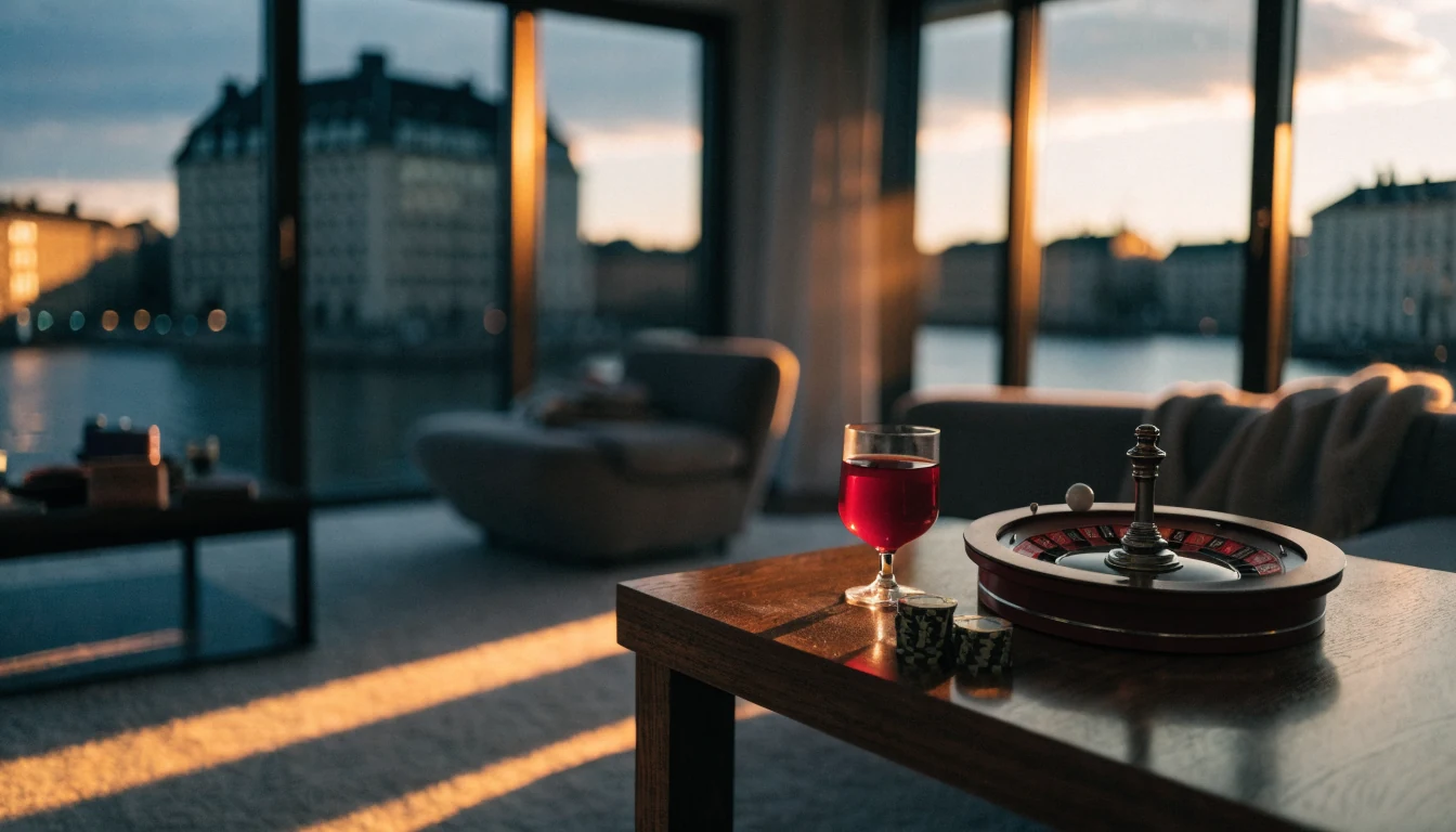 Modernt svenskt vardagsrum med roulettehjul och casinomarker i kvällsljus