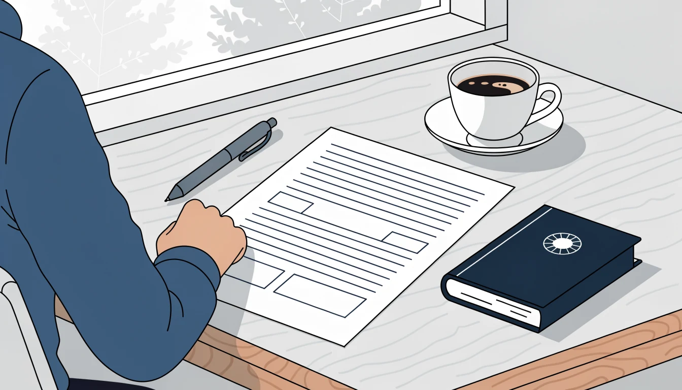Illustration av ett skrivbord med ett användarvillkorsdokument, penna och kaffekopp i nordisk stil