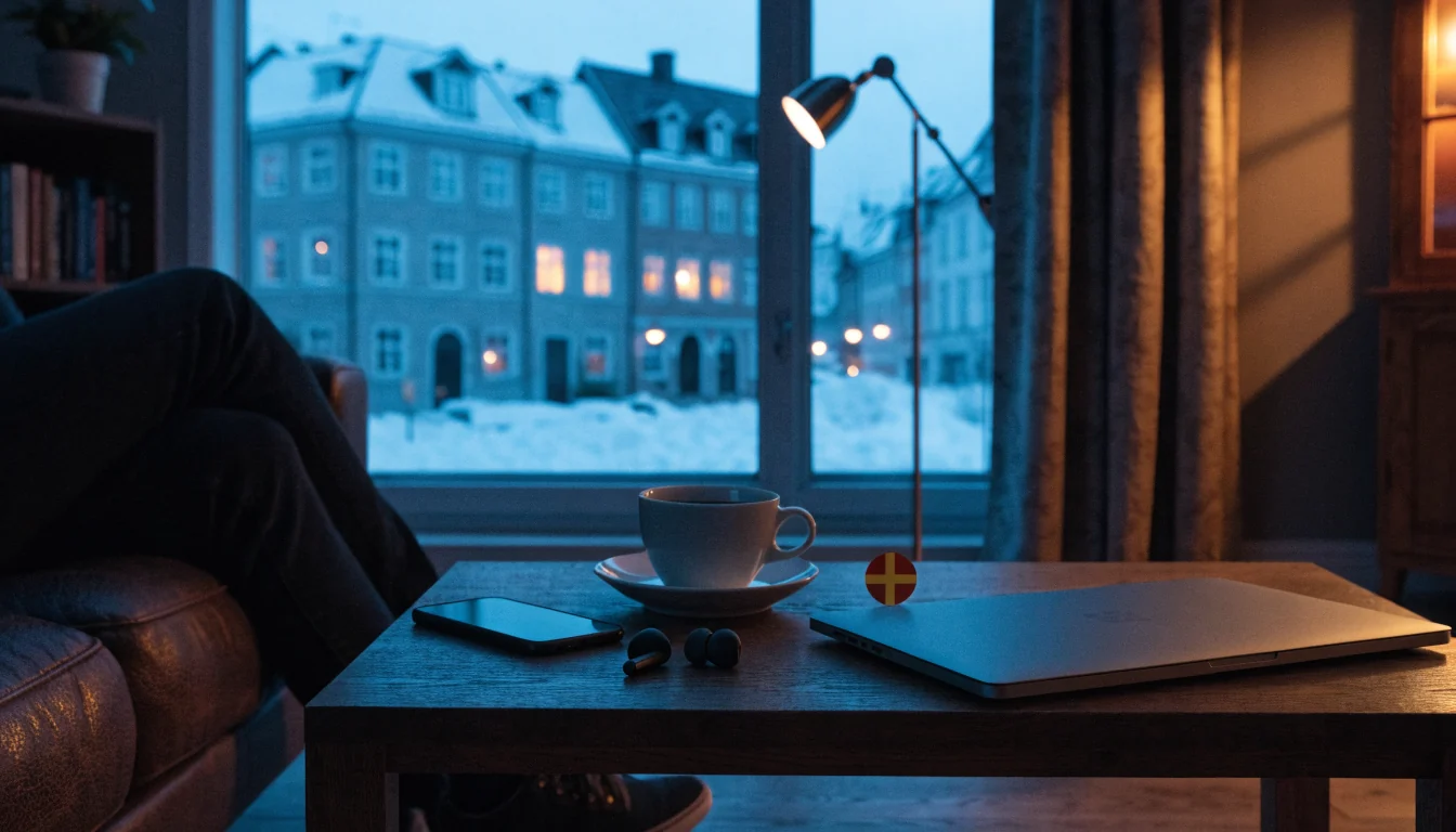 Stängd laptop i ett svenskt vardagsrum med utsikt över en snötäckt nordisk stad