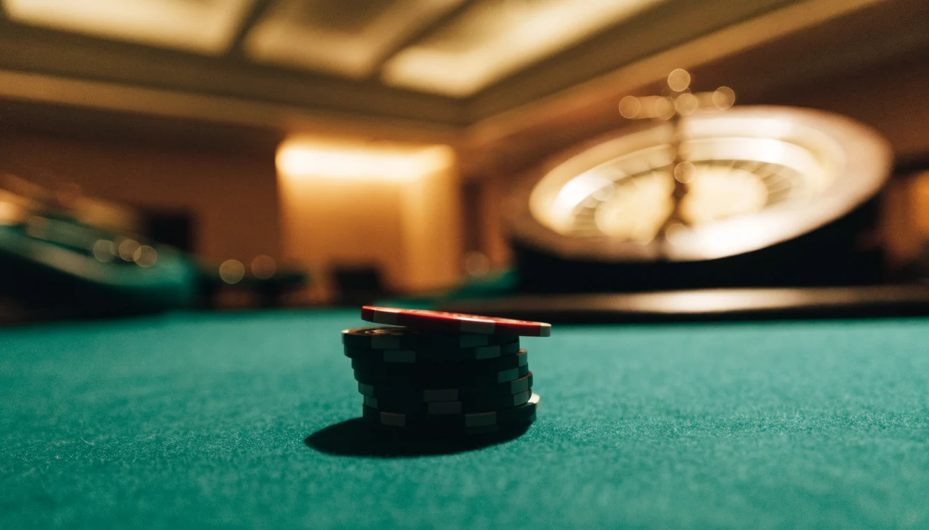 Casinobord med marker och roulette i bakgrunden